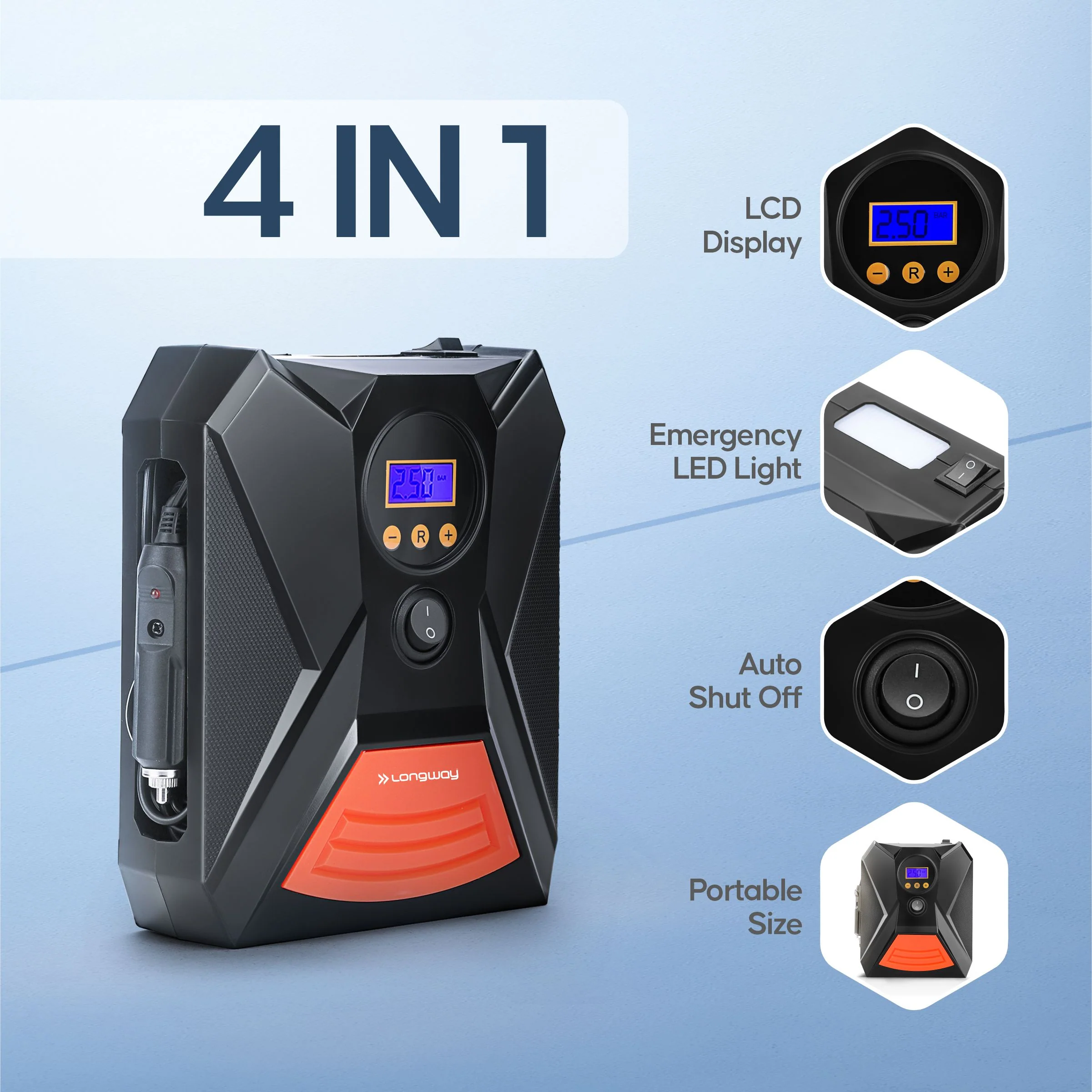 Longway Tyro Portable Digital Heavy Air Compressor Rapid Super-Fast Auto Tyre Pump With Emergency Lighting LED And Long Cable For Car, Motorcycle, Car Tyre, Basketball Inflator DC 12V (Red Black) - Image 3