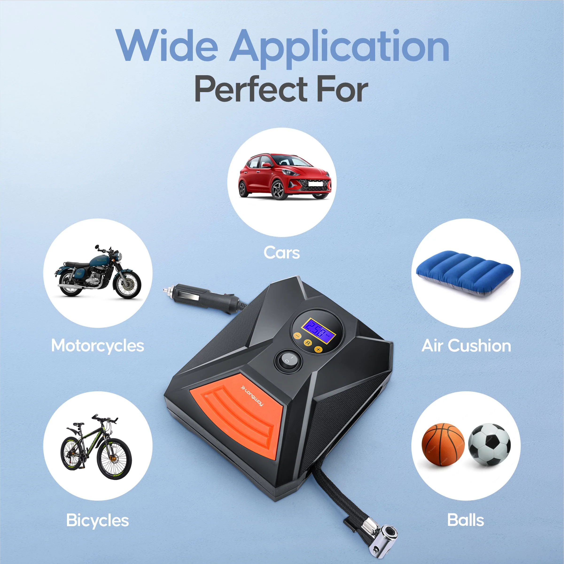 Longway Tyro Portable Digital Heavy Air Compressor Rapid Super-Fast Auto Tyre Pump With Emergency Lighting LED And Long Cable For Car, Motorcycle, Car Tyre, Basketball Inflator DC 12V (Red Black) - Image 4