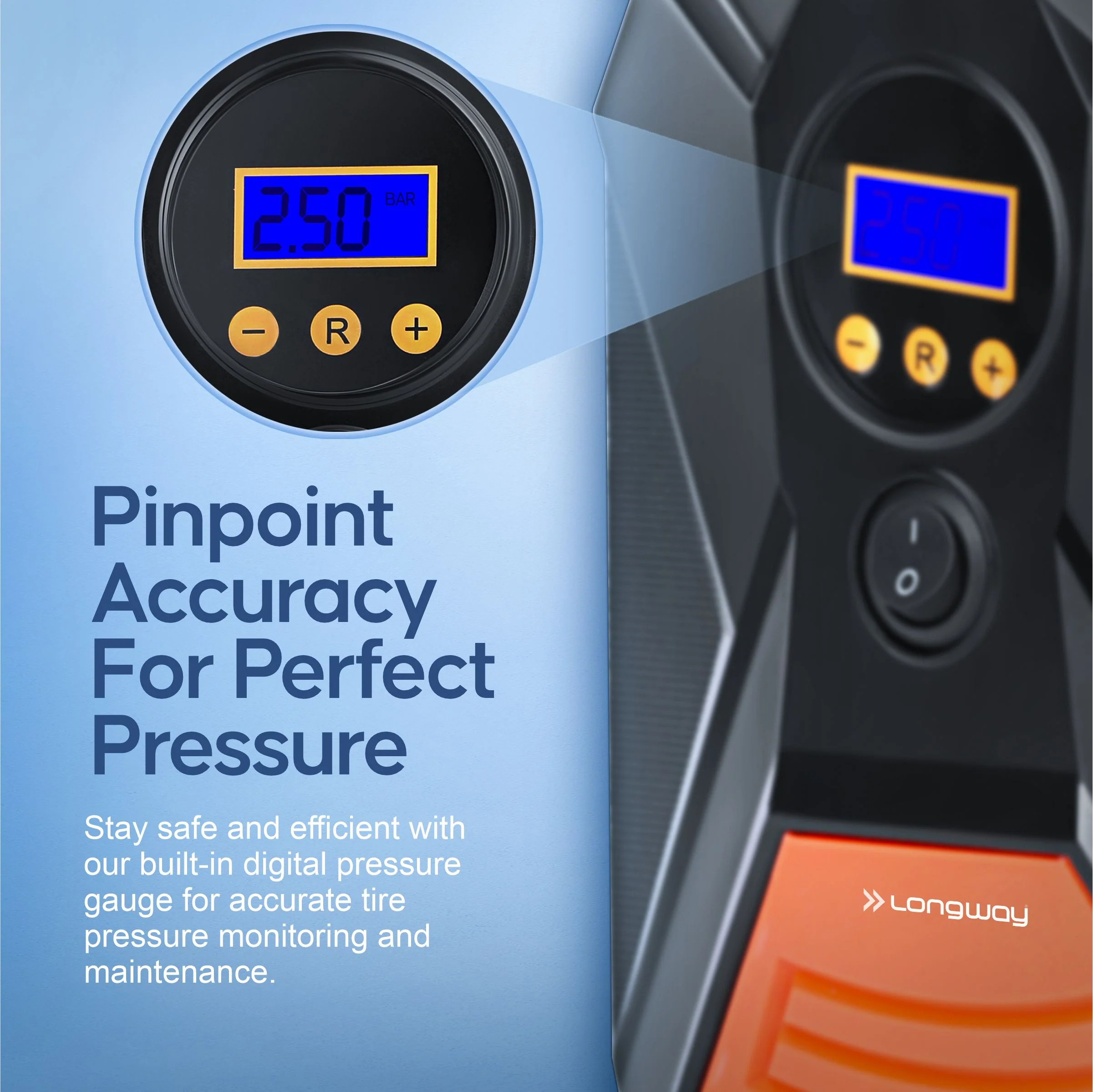 Longway Tyro Portable Digital Heavy Air Compressor Rapid Super-Fast Auto Tyre Pump With Emergency Lighting LED And Long Cable For Car, Motorcycle, Car Tyre, Basketball Inflator DC 12V (Red Black) - Image 5