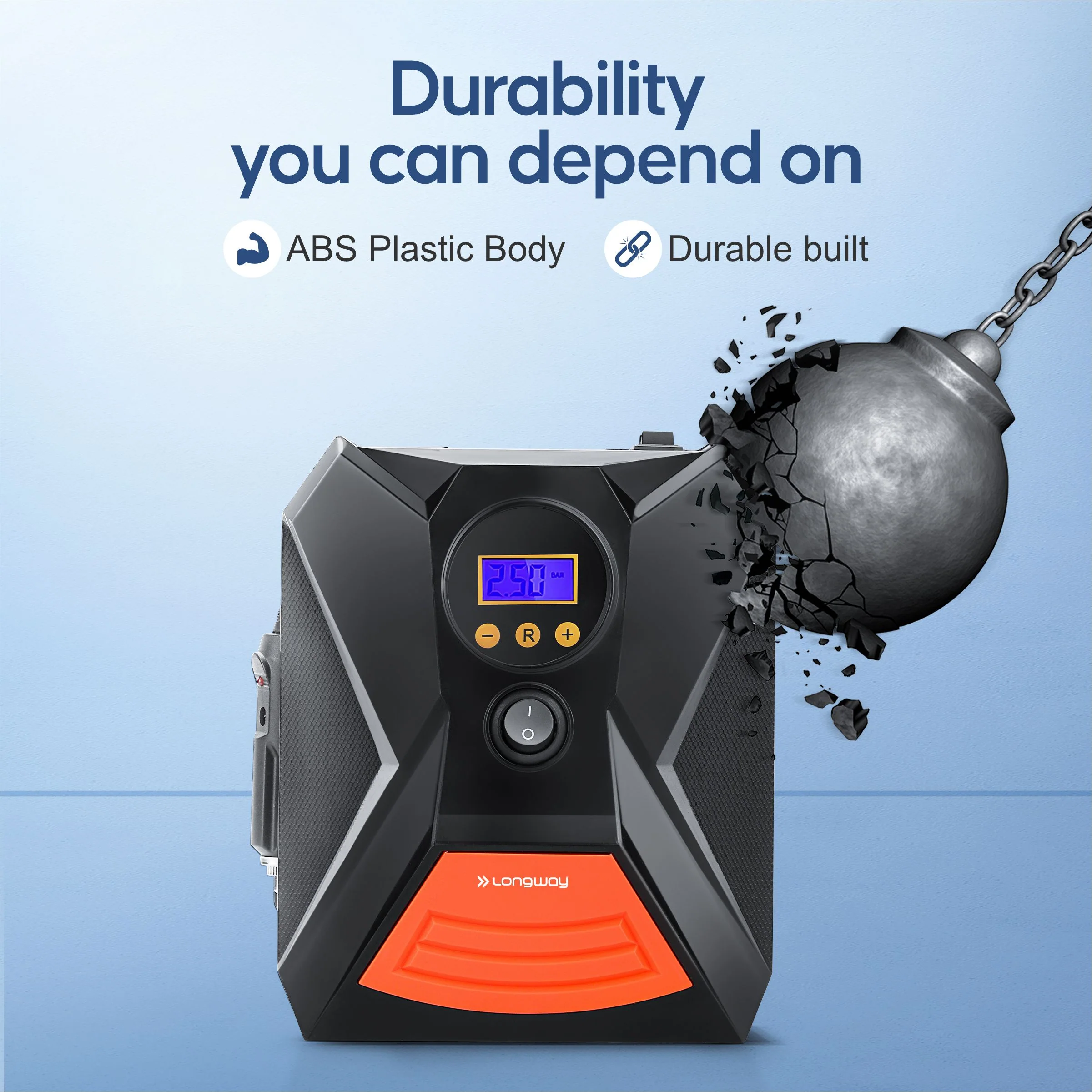 Longway Tyro Portable Digital Heavy Air Compressor Rapid Super-Fast Auto Tyre Pump With Emergency Lighting LED And Long Cable For Car, Motorcycle, Car Tyre, Basketball Inflator DC 12V (Red Black) - Image 6