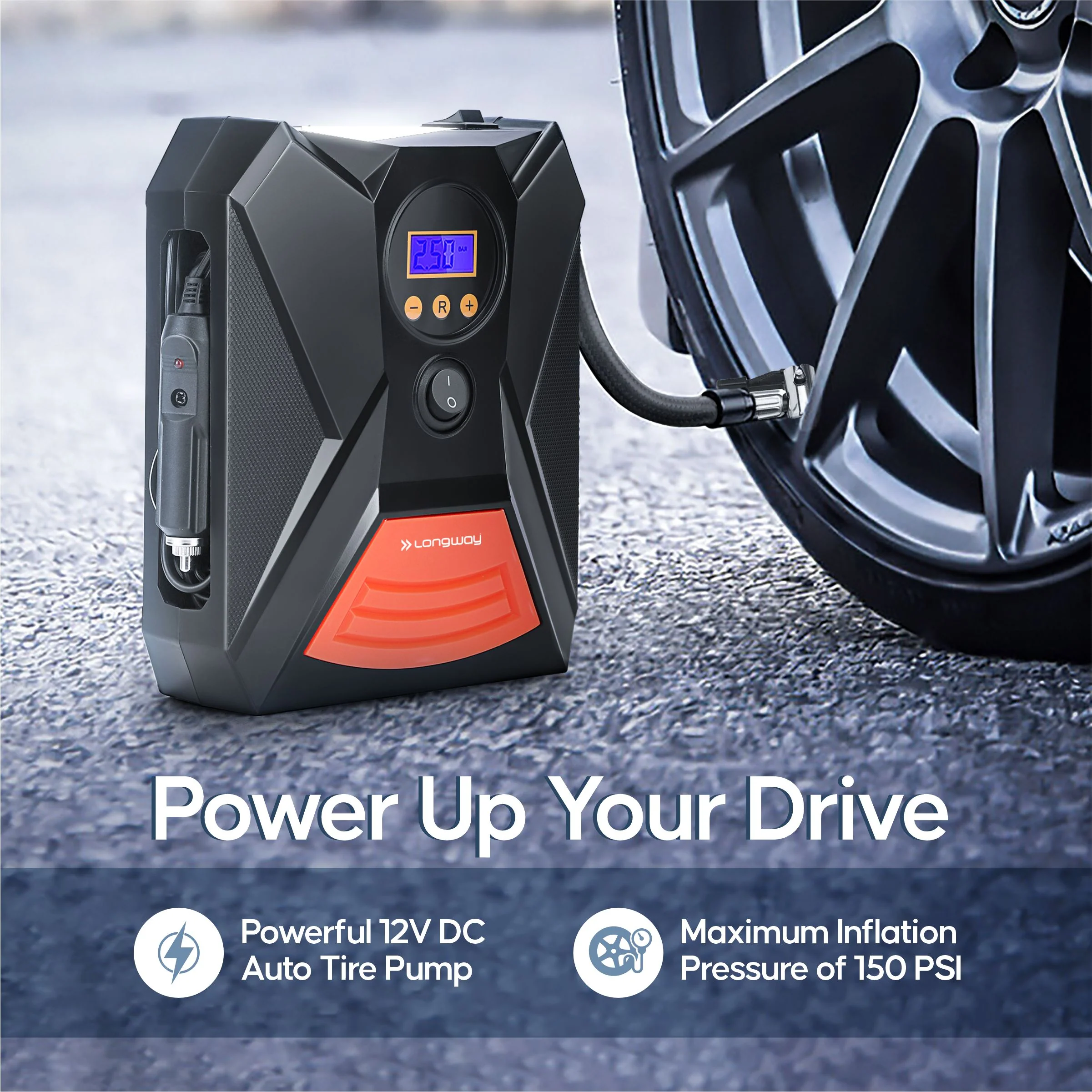 Longway Tyro Portable Digital Heavy Air Compressor Rapid Super-Fast Auto Tyre Pump With Emergency Lighting LED And Long Cable For Car, Motorcycle, Car Tyre, Basketball Inflator DC 12V (Red Black) - Image 7