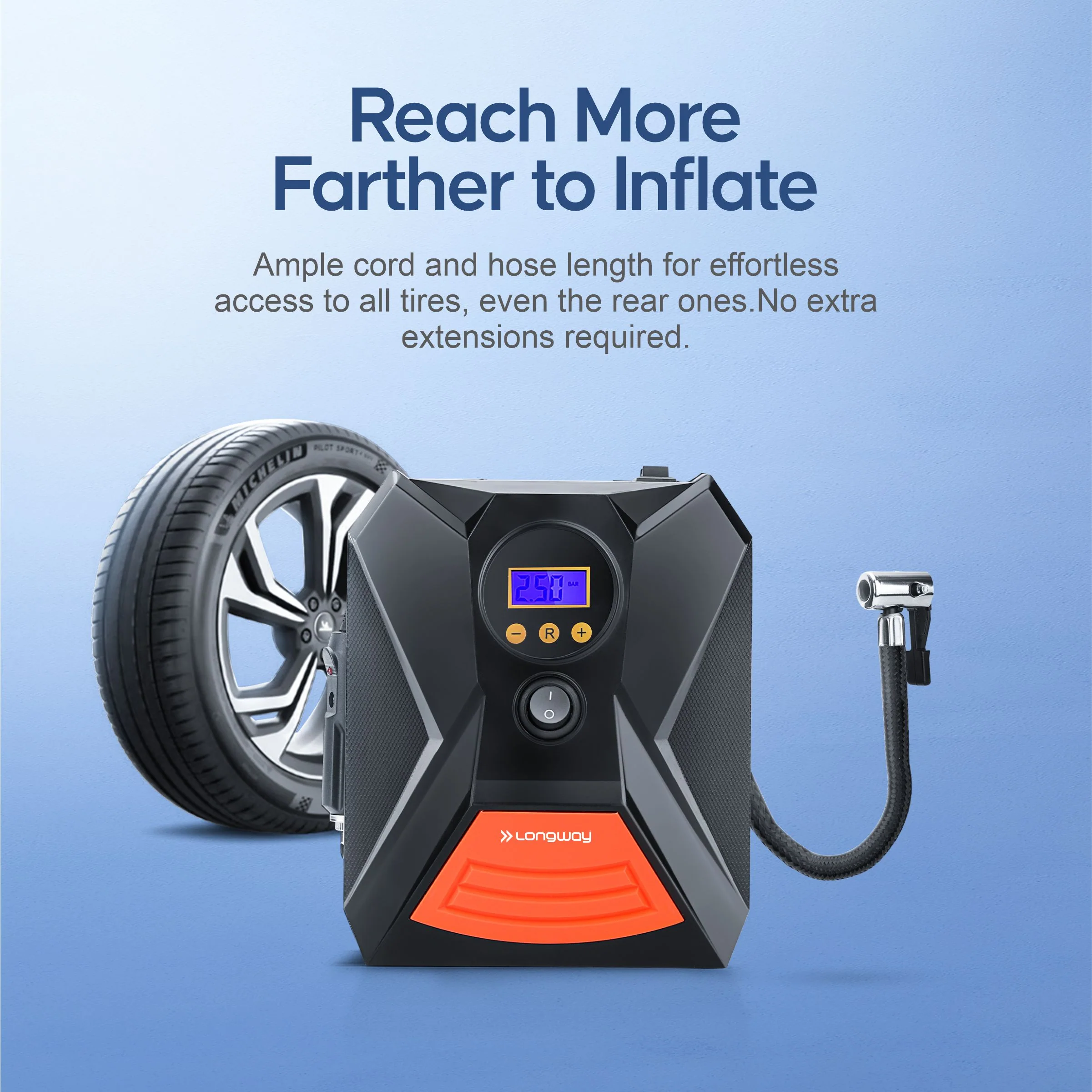 Longway Tyro Portable Digital Heavy Air Compressor Rapid Super-Fast Auto Tyre Pump With Emergency Lighting LED And Long Cable For Car, Motorcycle, Car Tyre, Basketball Inflator DC 12V (Red Black) - Image 8